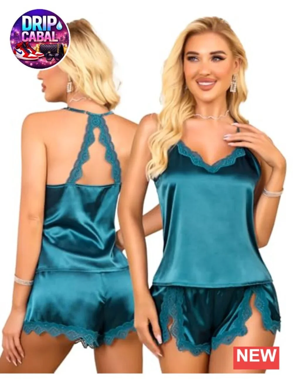 Satin Pajama Set Women V-Neck Lace Trim Cami Shorts 2 Piece Sleepwear